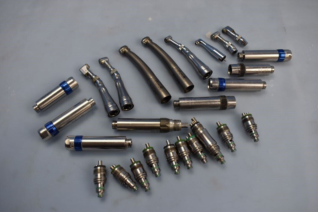 Lot of (2) Dental Handpieces, (3) Ends, (3) Heads, (8) Motors, & (10) Couplers
